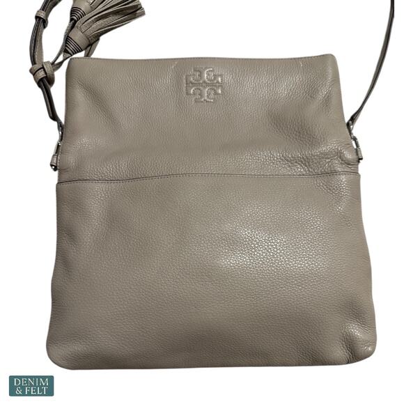 Tory Burch Thea Leather Foldover Crossbody Bag  Purse Gray Herron Tassel Neutral - Picture 8 of 16